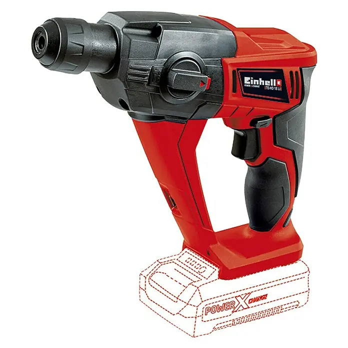 Einhell Power X-Change 18V Akku-Bohrhammer TE-HD 18 Li-Solo - 18 V, Ohne Akku - Abbildung eines roten und schwarzen Einhell TE-HD 18 Li Akku-Bohrhammers mit rot umrandeten Akku.