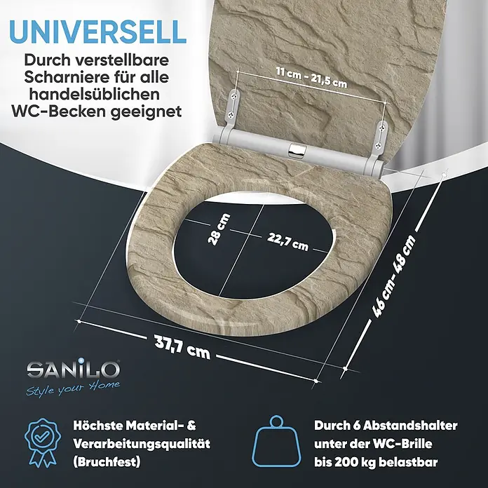 SANILO WC-Sitz Sand Stone mit Schnellverschluss - MDF, Braun, Mit Absenkautomatik - WC-Sitz mit beiger Steinoptik, verstellbaren Scharnieren und Maßen. Universalpassform, 200 kg belastbar.