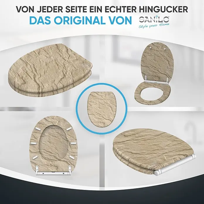 SANILO WC-Sitz Sand Stone mit Schnellverschluss - MDF, Braun, Mit Absenkautomatik - Beigefarbener Toilettensitz in Steinoptik aus verschiedenen Blickwinkeln: geschlossen, offen und von unten.