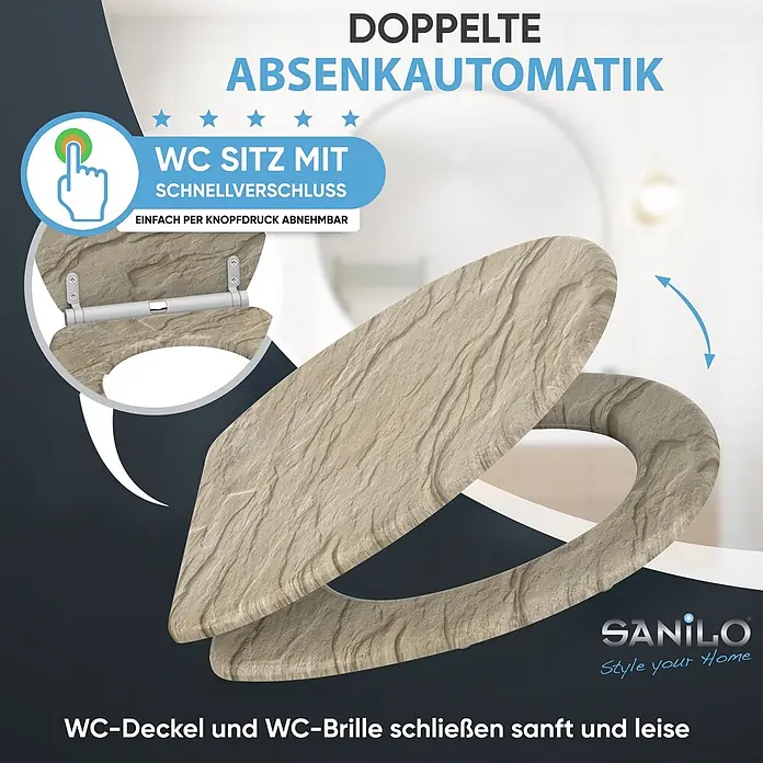 SANILO WC-Sitz Sand Stone mit Schnellverschluss - MDF, Braun, Mit Absenkautomatik - Beiger, steintexturierter WC-Sitz mit Absenkautomatik und Schnellverschluss für sanftes Schließen.