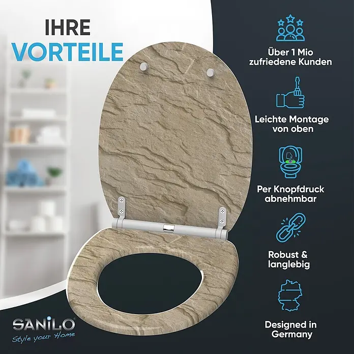 SANILO WC-Sitz Sand Stone mit Schnellverschluss - MDF, Braun, Mit Absenkautomatik - Beiger Toilettensitz mit Steinoptik, geöffnet, um Sitz und Deckel zu zeigen.