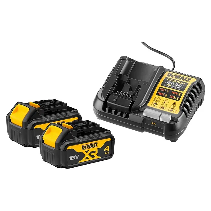 DeWalt XR 18V Akku & Ladegerät DCB1104M2-QW - 18 V, 2 Akkus, 4 Ah - Zwei schwarz-gelbe DeWalt 18V XR Li-Ion 4Ah Akkus mit passendem DeWalt DCB1104 12V/18V Ladegerät.