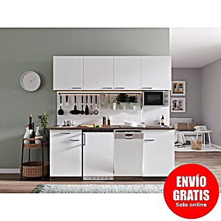 Respekta Cocina compacta Oliver (Ancho: 195 cm, Blanco, Lavavajillas Placa de cocina doble Frigorífico Microondas)