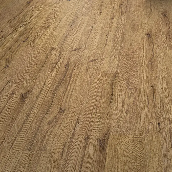 Corklife Freestyle Korkboden - Oak Principal, Landhausdiele, 1.220 x 185 x 10,5 mm - Hellbrauner Holzfußboden mit natürlicher Maserung und sichtbaren Ästen, mehrere Dielen zeigend.