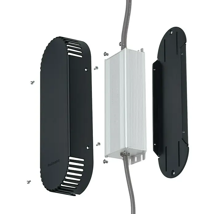 Paulmann Plug & Shine Abdeckung - Kunststoff, Grau, L x B x H: 8,9 x 26 x 4,5 cm - Bild eines Paulmann Produkts mit verschiedenen Komponenten wie Gehäuse, elektronischem Bauteil und Schrauben, die auseinandergenommen sind.
