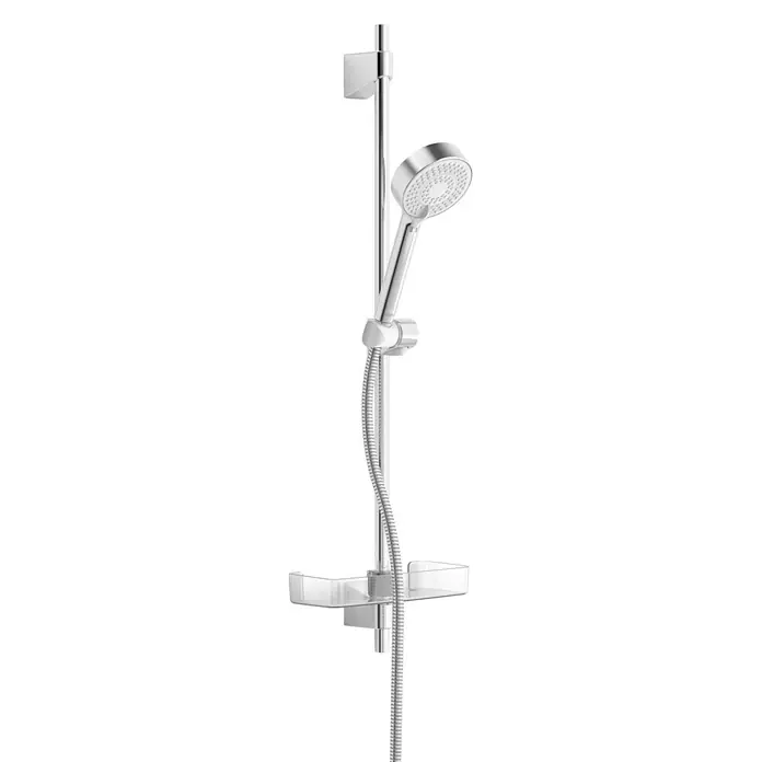 Hansa Basicjet Brausegarnitur - Art Strahl: Relaxing, Refreshing, EcoFlow, Chrom, Anzahl Strahlarten: 3 Stk., Höhe: 76 cm - Abbildung einer Duschstange mit Handbrause und Ablagefläche. Hochwertiges Badezimmerzubehör für ein komfortables Duscherlebnis.