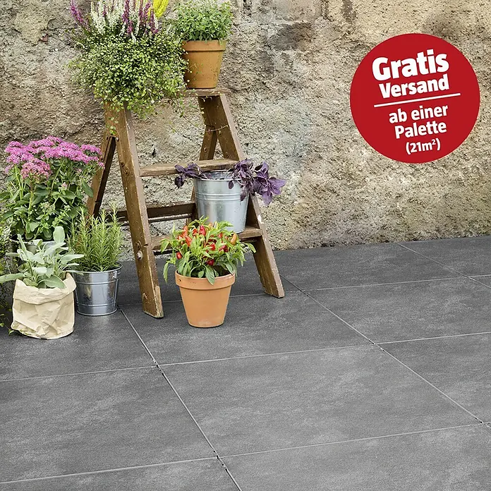 Terrassenfliese Atakama - 59,3 x 59,3 x 2 cm, Grau, Matt - Dunkelgraue, strukturierte Terrassenplatten bilden eine moderne Oberfläche in einem Garten mit Topfpflanzen.