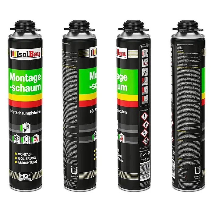 IsolBau Bauschaum 1 x Montageschaum 750 ml - 750 ml - IsolBau Montageschaum-Sprühdose, schwarz mit grünen, gelben und roten Bändern.