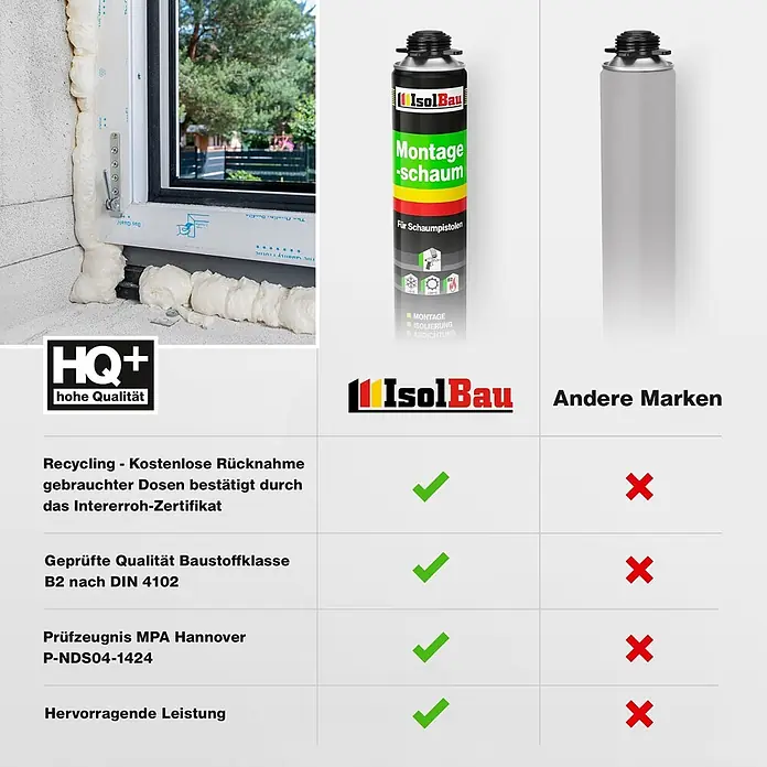 IsolBau Bauschaum 1 x Montageschaum 750 ml - 750 ml - IsolBau Montageschaumdose, schwarz-grün, mit Schaum an einem Fenster und im Vergleich zu einer generischen Dose, hebt Qualitätsmerkmale hervor.