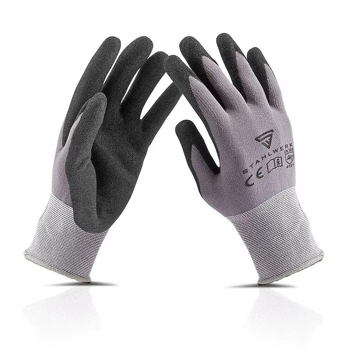 STAHLWERK Arbeitshandschuhe Montagehandschuhe 10 Paar, Größe XL - XL, Grau, Kunststoff, 10 Stk. - Paar grauer und schwarzer Arbeitshandschuhe mit texturierter Beschichtung an Handflächen und Fingern sowie Rippenbündchen.