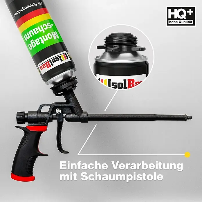 IsolBau Bauschaum 1 x Montageschaum 750 ml - 750 ml - Schwarz-rote Schaumpistole mit aufgeschraubter IsolBau Montageschaumdose.