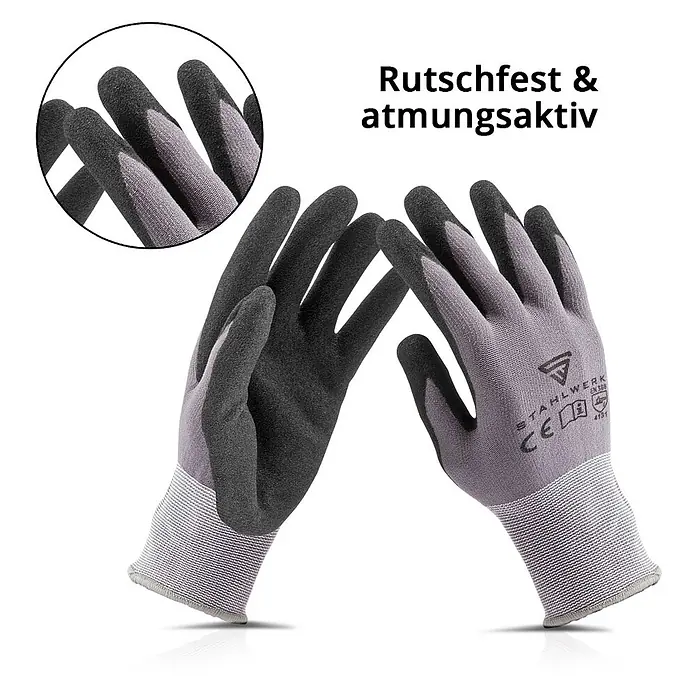 STAHLWERK Arbeitshandschuhe Montagehandschuhe 10 Paar, Größe XL - XL, Grau, Kunststoff, 10 Stk. - Graue Arbeitshandschuhe mit schwarzer, rutschfester und atmungsaktiver Beschichtung auf Handflächen und Fingern.
