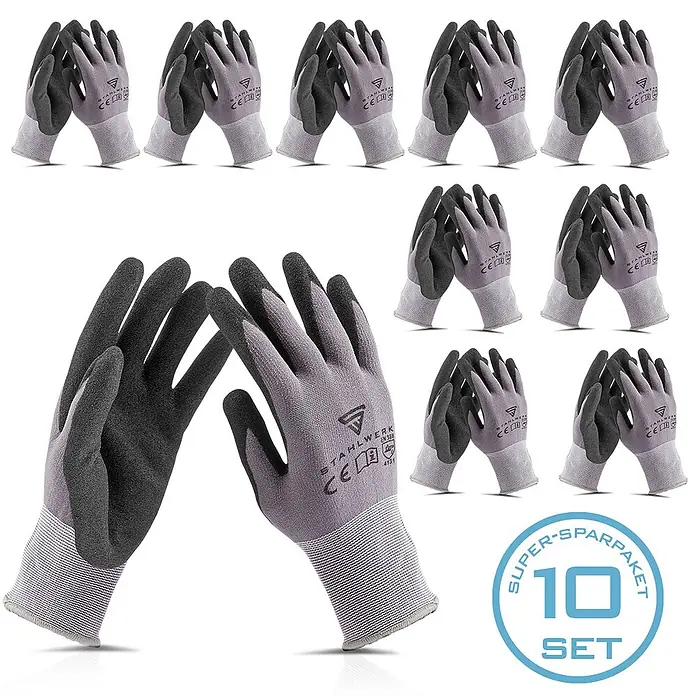 STAHLWERK Arbeitshandschuhe Montagehandschuhe 10 Paar, Größe XL - XL, Grau, Kunststoff, 10 Stk. - Zehn Paar graue und schwarze Arbeitshandschuhe mit texturierten Handflächen und elastischen Bündchen.
