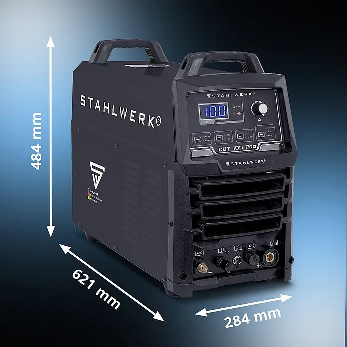 STAHLWERK Plasmaschneider CUT 100 Pro - Schweißstrom: 100 A, 400 V - Dunkelgrauer STAHLWERK CUT 100 PRO Plasmaschneider mit Digitalanzeige, Bedienfeld und Maßen von 484x621x284 mm.