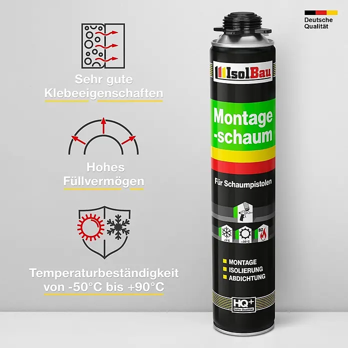 IsolBau Bauschaum 1 x Montageschaum 750 ml - 750 ml - Schwarze, grüne, gelbe und rote IsolBau Montageschaumdose für Schaumpistolen mit Eigenschaften und Anwendungen.