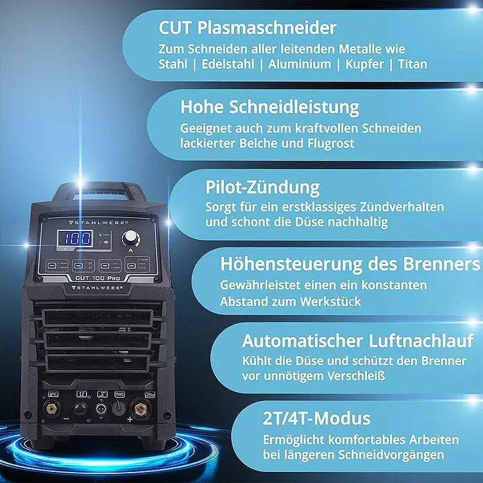 STAHLWERK Plasmaschneider CUT 100 Pro - Schweißstrom: 100 A, 400 V - Dunkelgrauer Plasmaschneider mit Digitalanzeige '100' und Bedientasten, neben seinen Hauptmerkmalen dargestellt.