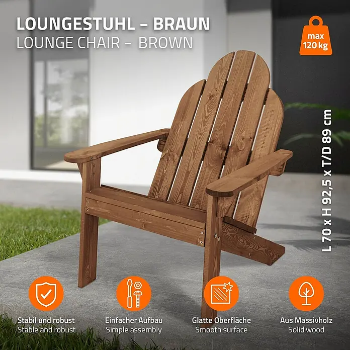 ECD Germany Gartenstuhl Braun aus Tannenholz Massiv Holzstuhl Gartensessel Relaxstuhl Outdoor - Tanne, Klappbar, Braun - Brauner Loungesessel aus Holz auf einer Terrasse, stabil und ideal für Entspannung im Freien.