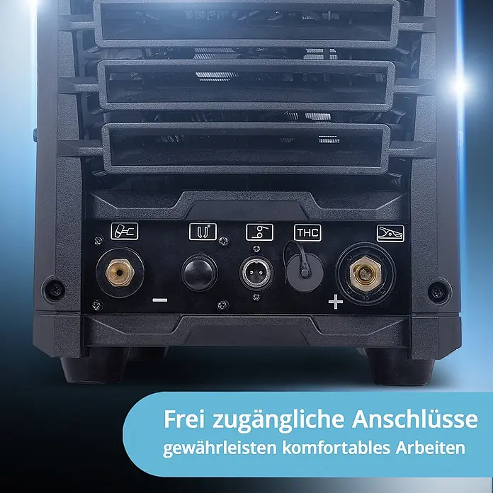 STAHLWERK Plasmaschneider CUT 100 Pro - Schweißstrom: 100 A, 400 V - Rückseite einer schwarzen Industriemaschine mit gut zugänglichen, beschrifteten Anschlüssen für komfortables Arbeiten.