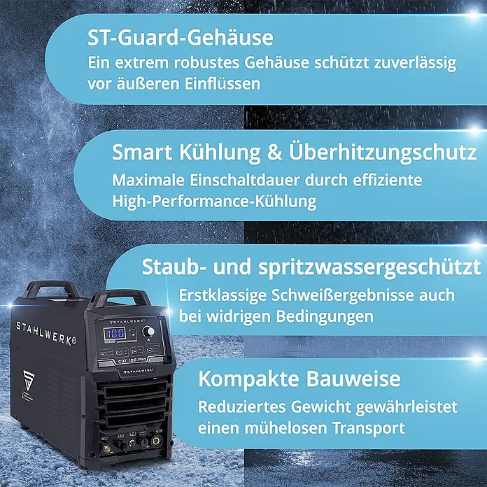 STAHLWERK Plasmaschneider CUT 100 Pro - Schweißstrom: 100 A, 400 V - Dunkelgrauer STAHLWERK Plasmaschneider mit Digitalanzeige und Griffen.