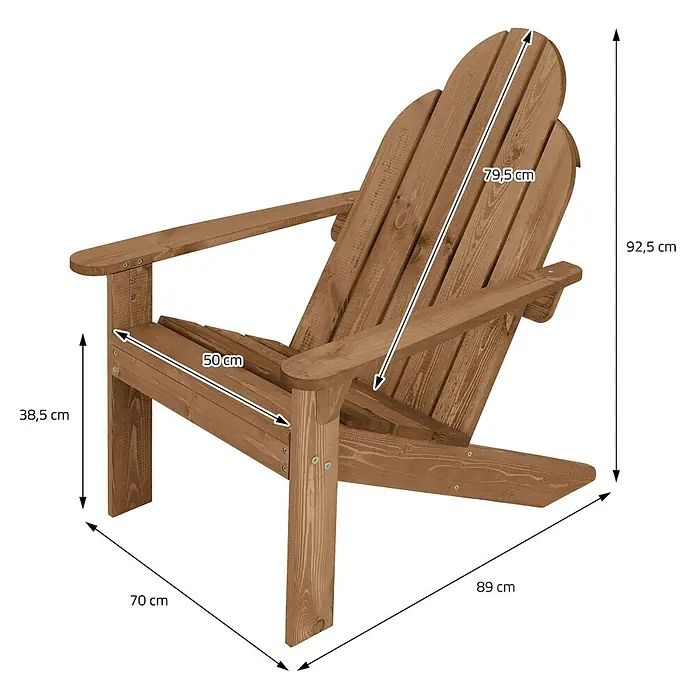 ECD Germany Gartenstuhl Braun aus Tannenholz Massiv Holzstuhl Gartensessel Relaxstuhl Outdoor - Tanne, Klappbar, Braun - Brauner Holz-Adirondack-Stuhl mit breiten Armlehnen und Lattenrückenlehne, mit Produktmaßen dargestellt.