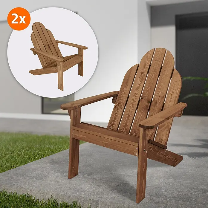 ECD Germany Gartenstuhl Braun aus Tannenholz Massiv Holzstuhl Gartensessel Relaxstuhl Outdoor - Tanne, Klappbar, Braun - Set aus zwei braunen Adirondack-Holzstühlen für den Außenbereich.