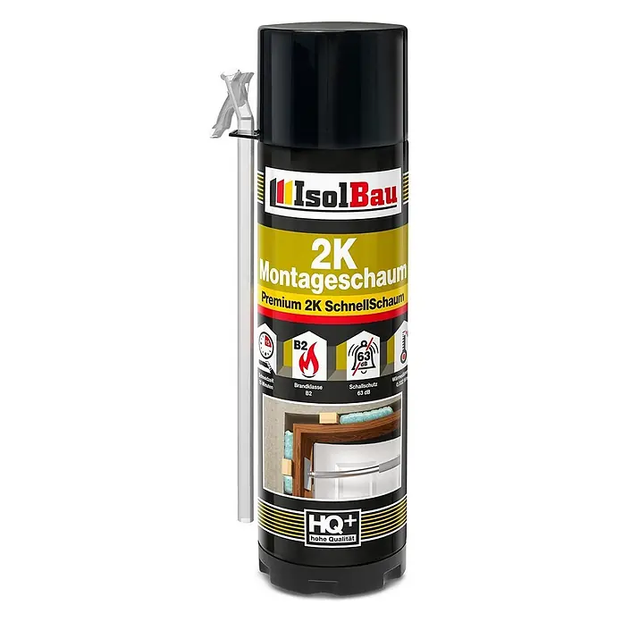 IsolBau 2K-Montageschaum 1 x Bauschaum 2K - 400 ml - Schwarze IsolBau 2K Montageschaumdose mit gelbem Etikett und Applikatordüse.