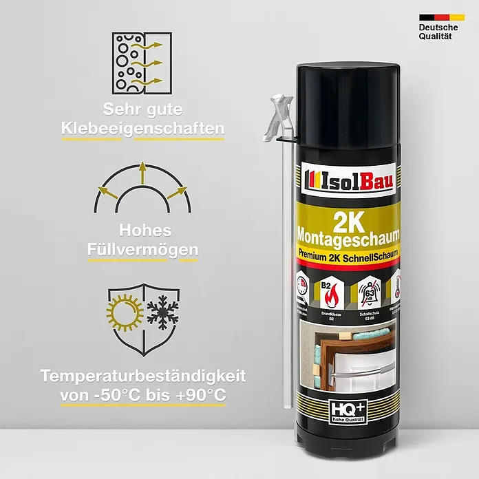 IsolBau 2K-Montageschaum 1 x Bauschaum 2K - 400 ml - Schwarze und gelbe IsolBau 2K Montageschaumdose mit Eigenschaften wie hoher Füllkraft, guter Haftung und Temperaturbeständigkeit von -50°C bis +90°C.