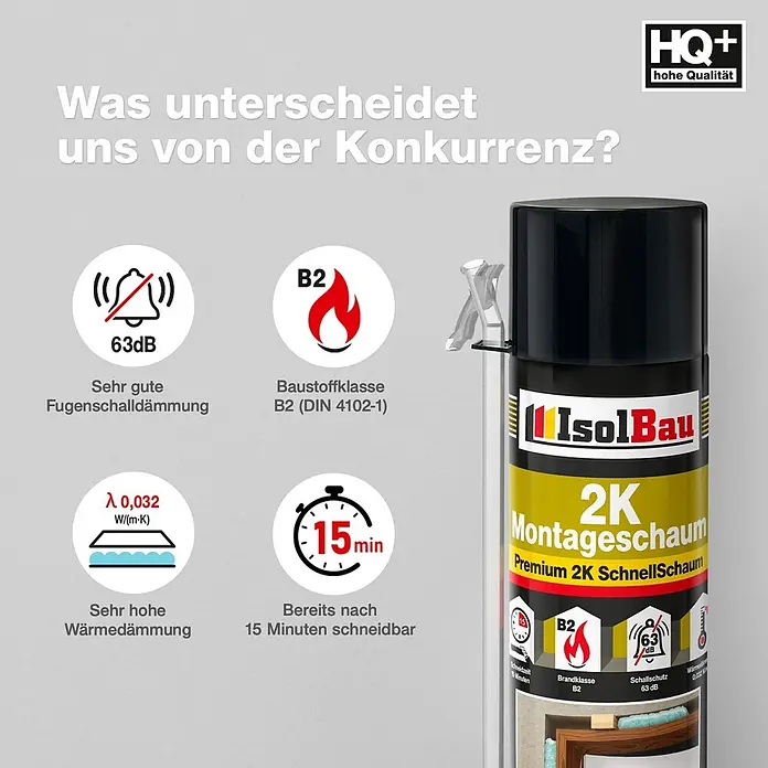 IsolBau 2K-Montageschaum 1 x Bauschaum 2K - 400 ml - Eine schwarze und gelbe IsolBau 2K Montageschaum Sprühdose. Dieser Montageschaum bietet hohe Schall-/Wärmedämmung, Brandschutz (B2) und ist in 15 Min. schneidbar.