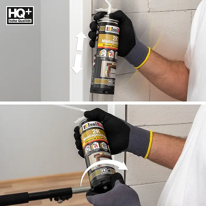 IsolBau 2K-Montageschaum 1 x Bauschaum 2K - 400 ml - Behandschuhte Hand wendet IsolBau 2K Montageschaumdose an, Pfeile zeigen Anwendung und Schütteln.