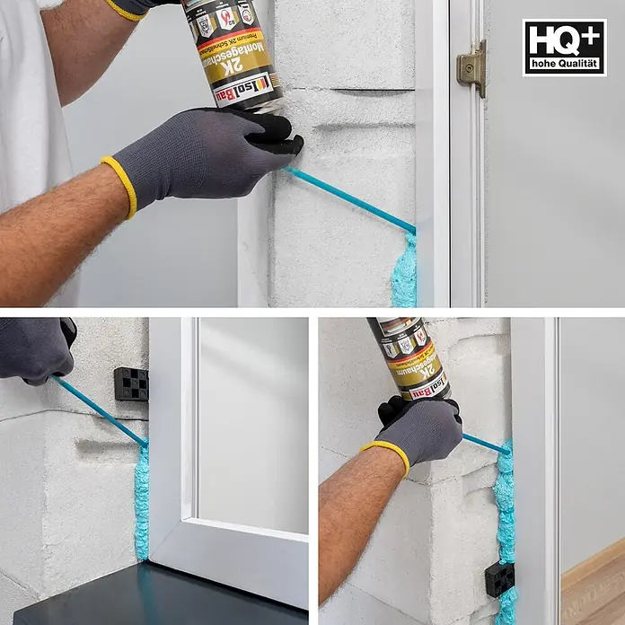 IsolBau 2K-Montageschaum 1 x Bauschaum 2K - 400 ml - Behandschuhte Hände tragen hellblauen 2K Montageschaum aus einer Dose auf, um eine Fensterspalte abzudichten.