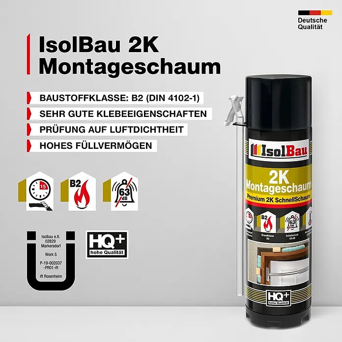 IsolBau 2K-Montageschaum 1 x Bauschaum 2K - 400 ml - Schwarz-gelbe IsolBau 2K Montageschaumdose mit Produktdetails und Zertifizierungen.