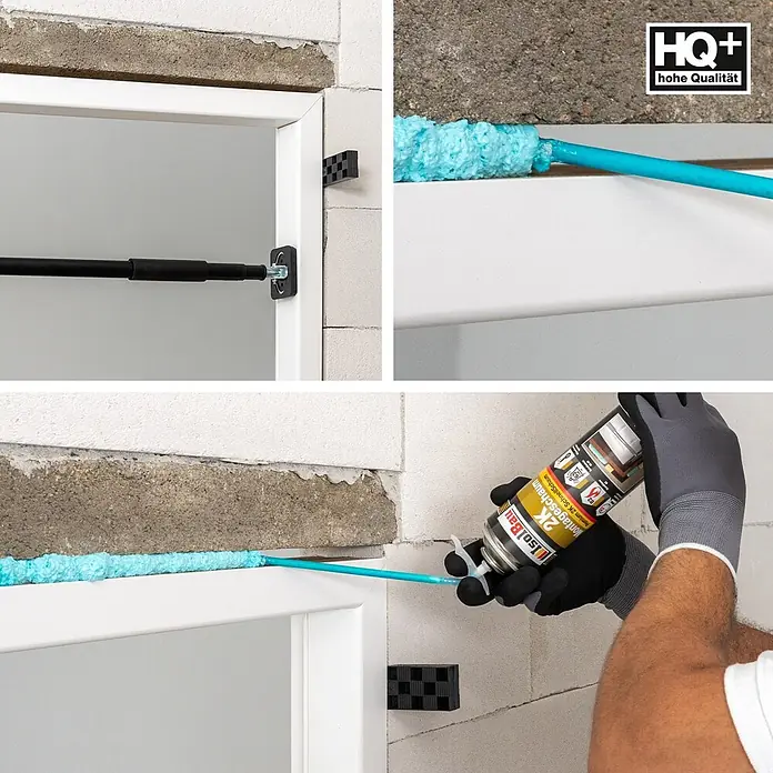 IsolBau 2K-Montageschaum 1 x Bauschaum 2K - 400 ml - Hände tragen blauen Montageschaum mit einer Pistole auf, um einen weißen Türrahmen zu versiegeln, der von schwarzen Spreizen und Keilen gehalten wird.