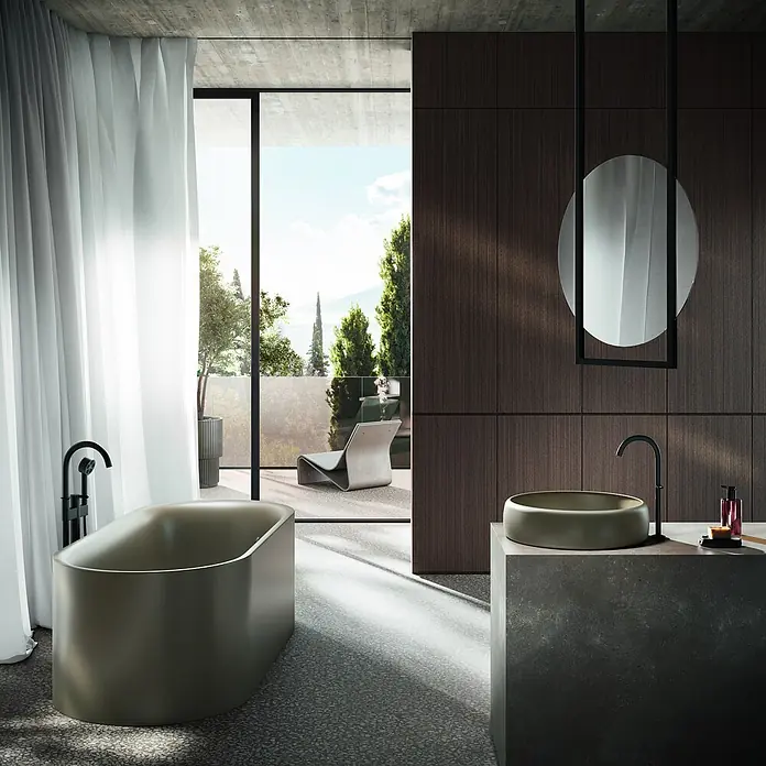 Bette Waschtisch -  - Dunkelgrüne freistehende Badewanne und passendes Waschbecken in einem modernen Bad mit Blick nach draußen.