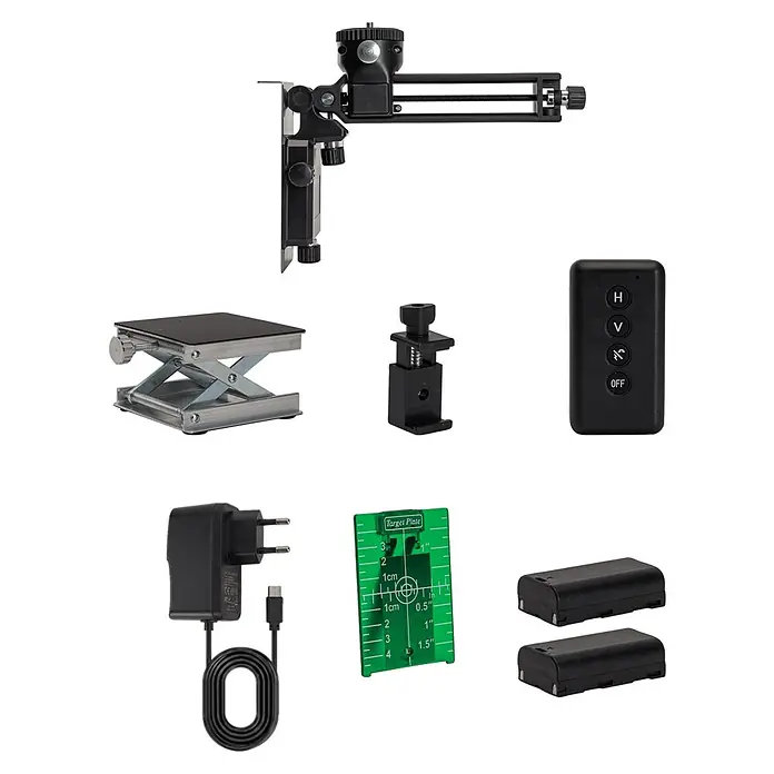 Vito Nivel láser VINLE4D16L60 - Zona de trabajo máx.: 60 m - 140 m - Conjunto de accesorios para nivel láser: soporte, mando, mesa elevadora, pinza, cargador, placa objetivo y dos baterías.