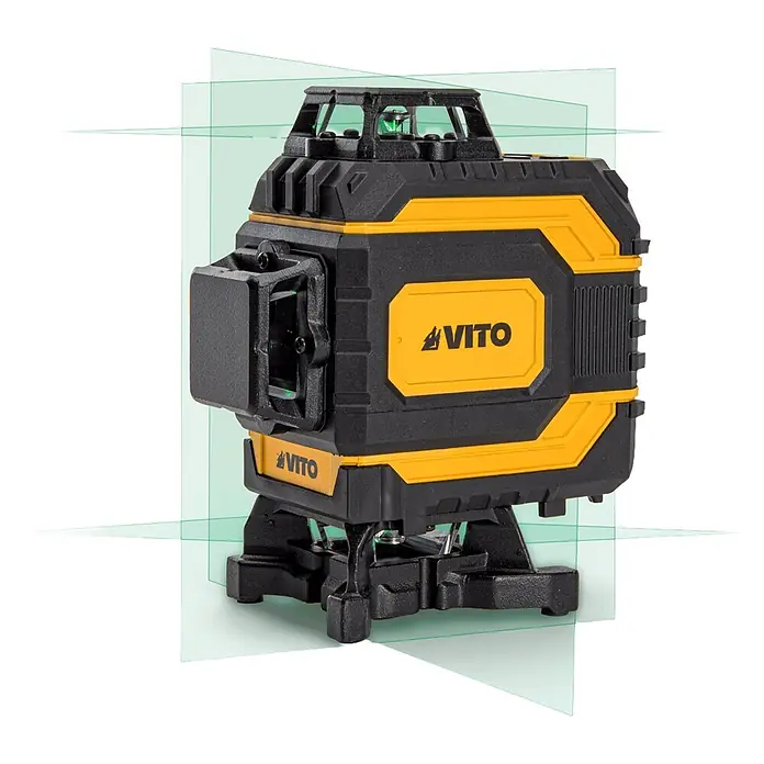 Vito Nivel láser VINLE4D16L60 - Zona de trabajo máx.: 60 m - 140 m - Nivel láser negro y amarillo emitiendo líneas láser verdes.