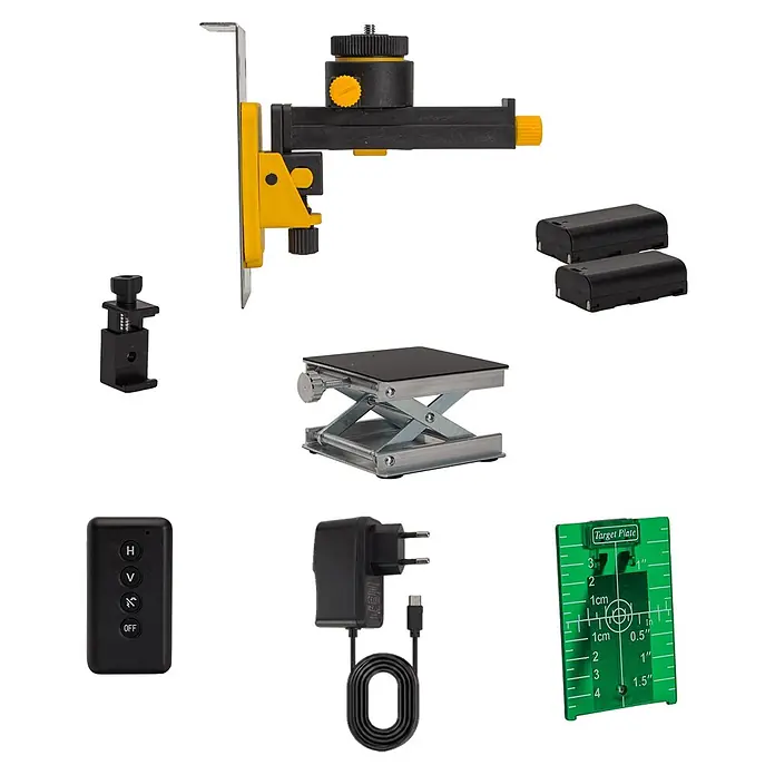 Vito Nivel láser VINL4D16L60 - Zona de trabajo máx.: 60 m - Colección de accesorios para nivel láser: soporte de pared, pinza pequeña, plataforma elevadora, dos baterías, mando a distancia, cargador y placa verde.