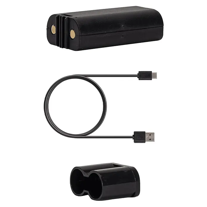 Vito Nivel láser en cruz VINLLC25 - Zona de trabajo máx.: 25 m - Batería negra, cable de carga USB-C a USB-A y base de carga de dos ranuras para baterías.
