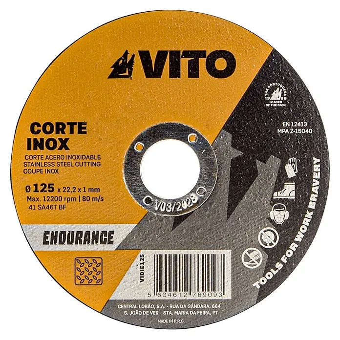 Vito Disco de corte Endurance - Ø x Es: 125 x 2,2 mm, Orificio: 22,23 mm - Disco de corte VITO naranja y gris para acero inoxidable, con detalles del producto y código de barras.