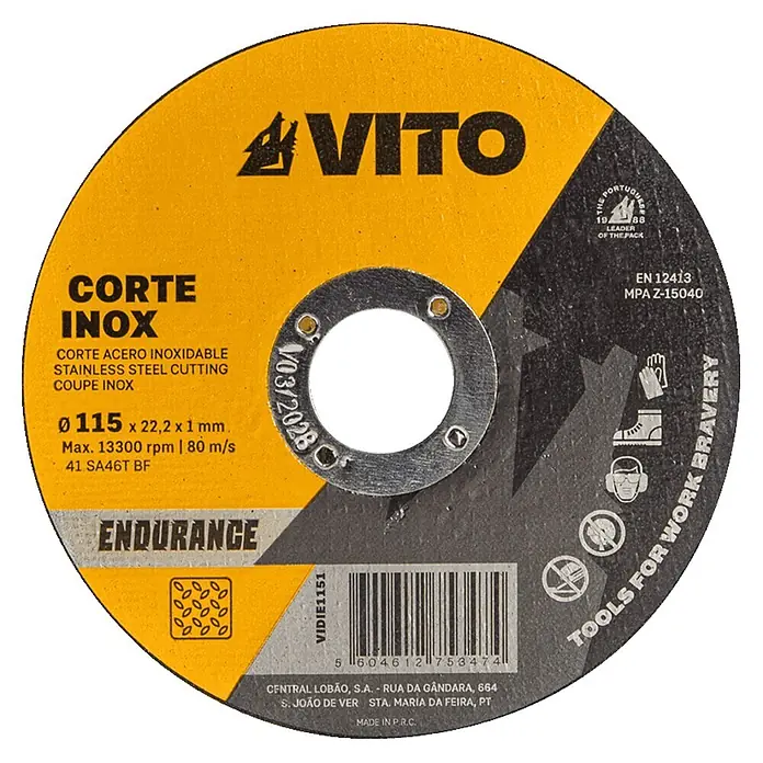 Vito Disco de corte Endurance - Ø x Es: 115 x 2 mm, Orificio: 22,23 mm - Disco de corte VITO amarillo y negro para acero inoxidable.