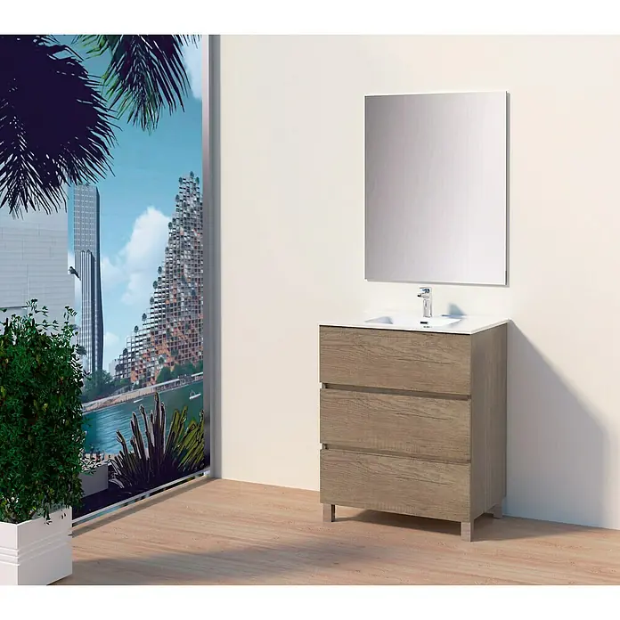 Artysan Conjunto de mueble de baño Berta - Nebraska, Mate, 3 pzs. - Un moderno mueble de baño con lavabo y espejo en aspecto de madera, que añade un toque elegante a la decoración de tu baño.
