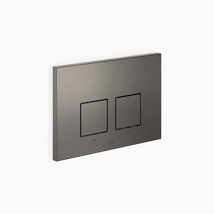 Dornbracht Betätigungsplatte -  - Anthrazit gebürstete Metall-Toilettenspülplatte mit zwei quadratischen Tasten und Dornbracht-Logo.