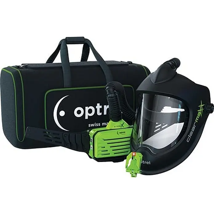 Optrel Schutzhelm Clearmaxx mit Gebläseatemschutz E3000X -  - Schwarzer Schweißhelm, grünes PAPR-Gerät und schwarze Tragetasche für Atemschutz und Gesichtsschutz.
