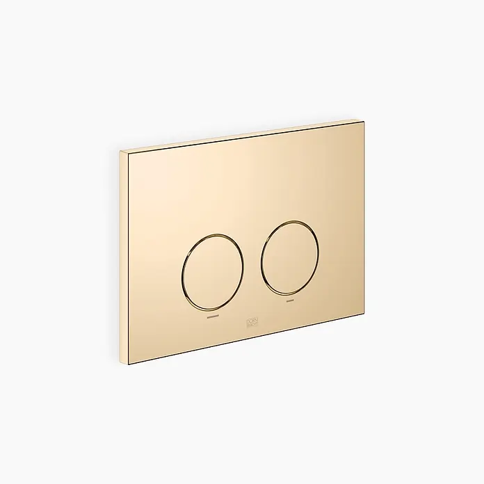 Dornbracht Betätigungsplatte -  - Goldene WC-Betätigungsplatte mit zwei runden Spültasten und Dornbracht-Logo.
