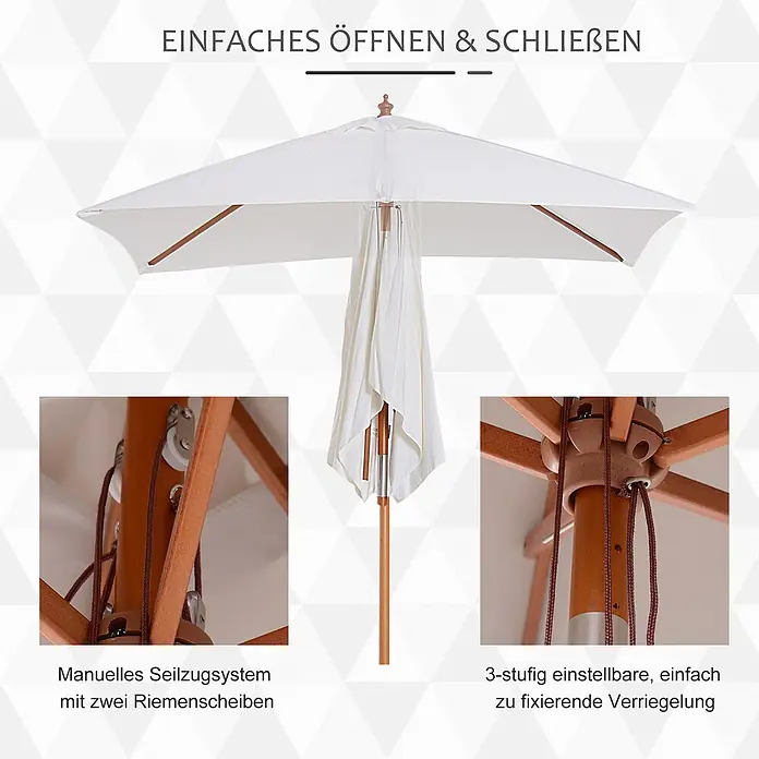 Outsunny Marktschirm - Weiß - Teilweise geschlossener weißer Sonnenschirm mit Holzrahmen, manuellem Seilzugsystem mit zwei Riemenscheiben und 3-stufiger Verriegelung.