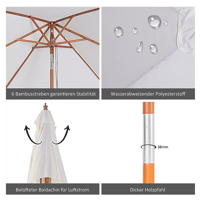 Outsunny Marktschirm - Weiß - Cremefarbener Sonnenschirm mit 6 Bambusstreben, wasserabweisendem Polyesterdach, belüftetem Design und dickem 38mm Holzpfahl.