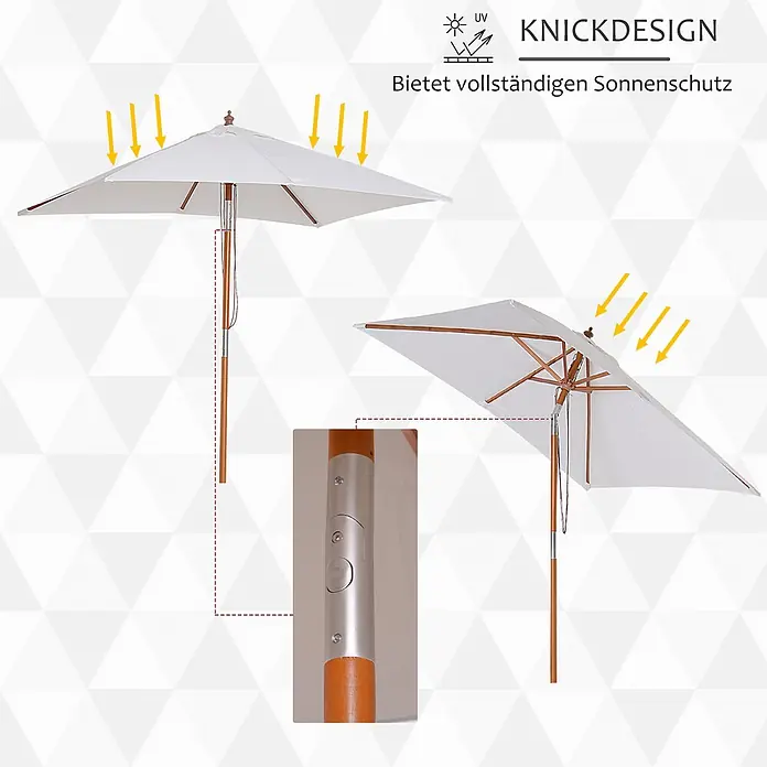 Outsunny Marktschirm - Weiß - Weißer quadratischer Terrassenschirm mit Holzstange und Kippfunktion für Sonnenschutz, aus zwei Blickwinkeln gezeigt.