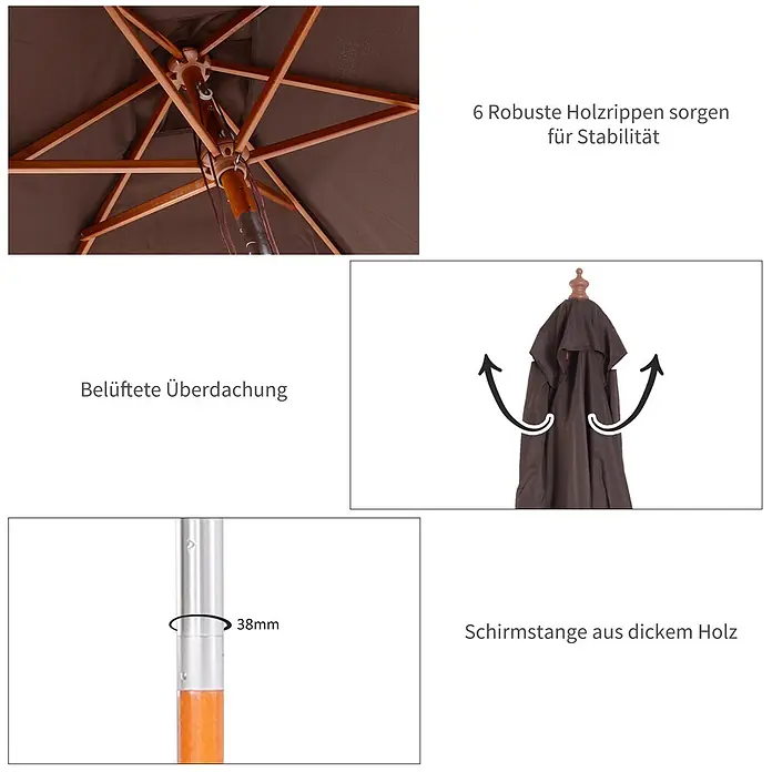 Outsunny Marktschirm - Kaffeebraun - Brauner Gartenschirm mit Holzrippen, dickem 38mm Holzstock und belüftetem Dach für Stabilität und Luftzirkulation.
