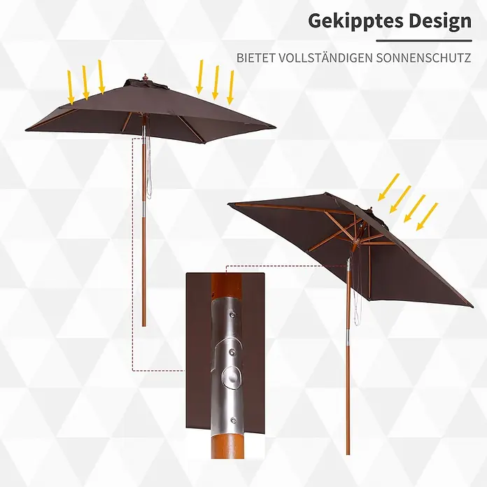 Outsunny Marktschirm - Kaffeebraun - Brauner Kipp-Gartenschirm mit Holzstange, zeigt seinen Mechanismus für umfassenden Sonnenschutz.