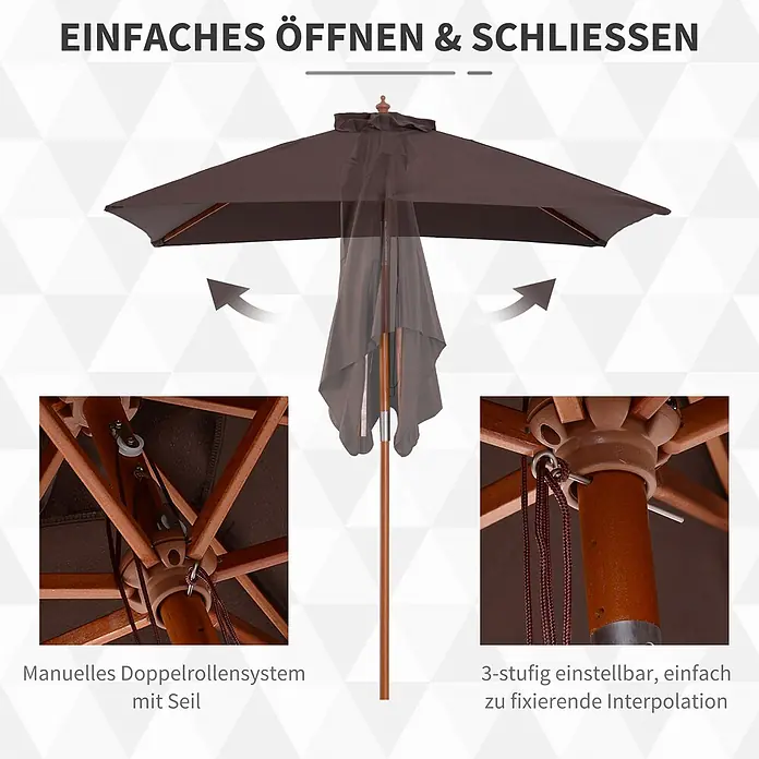 Outsunny Marktschirm - Kaffeebraun - Brauner Terrassenschirm mit Holzstange, manuelles Doppelrollensystem und 3-stufiger Höhenverstellung.