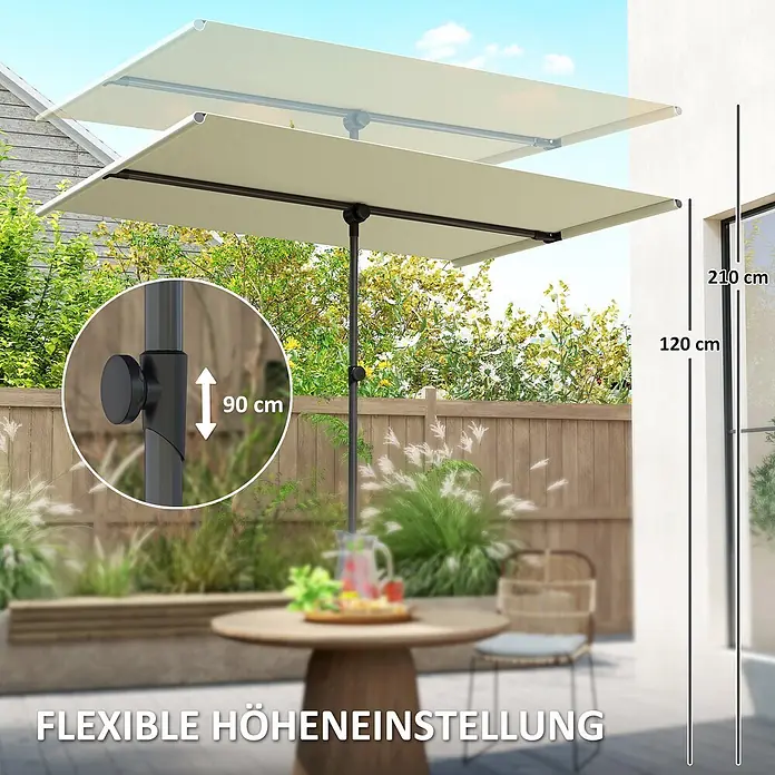 Outsunny Marktschirm - Beige - Beiger rechteckiger Terrassenschirm mit flexibler Höhenverstellung von 90 cm, der Schatten in einem Garten spendet.